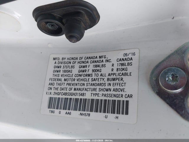 Honda Civic Lx 2016 2HGFC4B53GH315481 Image 9