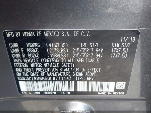 3CZRU6H50LM711143 Honda Hr-v Awd Ex