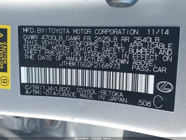 Aukcja sprzedaży 2015 Lexus Es 350, vin: JTHBK1GG2F2168973, numer aukcji: 43769187