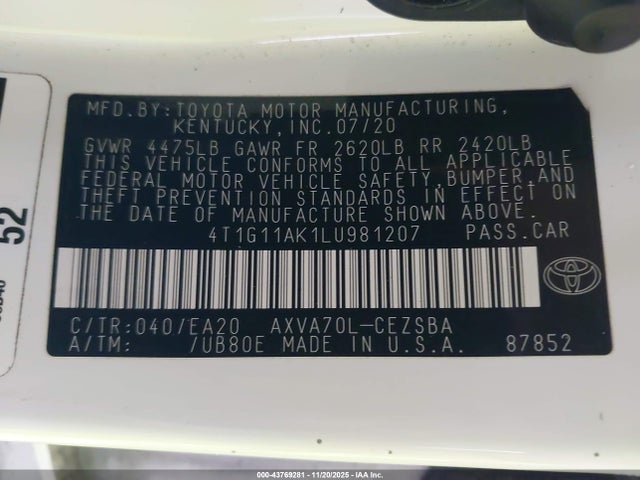 4T1G11AK1LU981207 Toyota CAMRY SE
