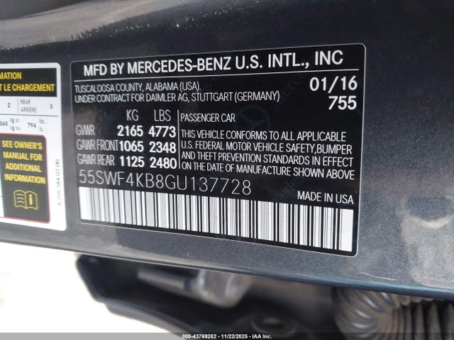 Aukcja sprzedaży 2016 Mercedes-benz C 300 4matic/luxury 4matic/sport 4matic, vin: 55SWF4KB8GU137728, numer aukcji: 43769282