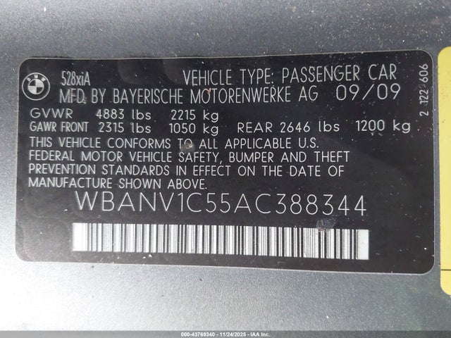 Aukcja sprzedaży 2010 Bmw 528i Xdrive, vin: WBANV1C55AC388344, numer aukcji: 43769340