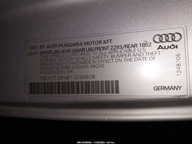 2001 AUDI TT TRUWT28N811036808 Photo 8