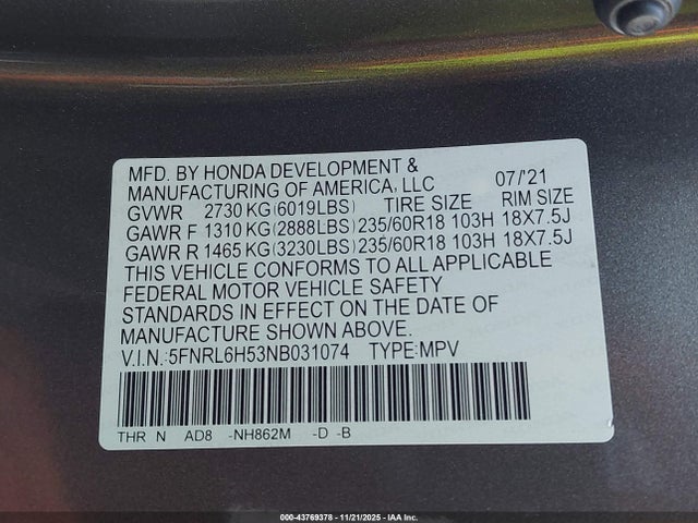 5FNRL6H53NB031074 Honda ODYSSEY EX