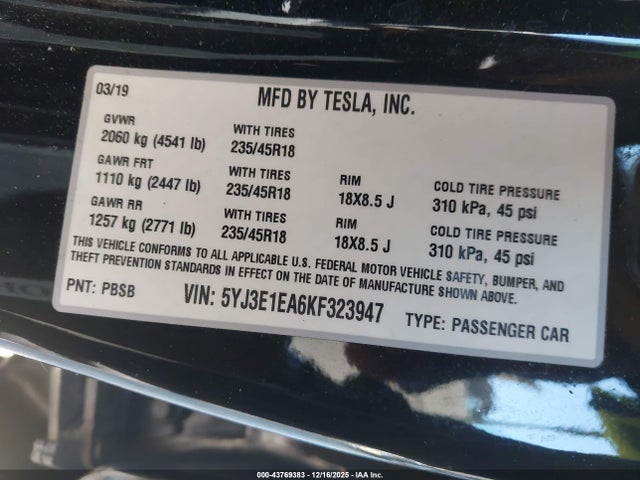 2019 TESLA MODEL 3 5YJ3E1EA6KF323947 Photo 8