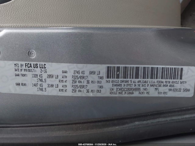 Aukcja sprzedaży 2016 Dodge Grand Caravan Sxt, vin: 2C4RDGCG9GR309995, numer aukcji: 43769384