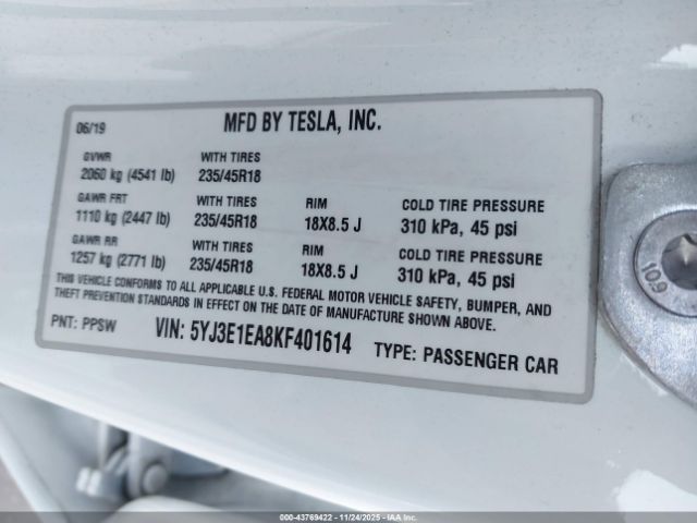 2019 TESLA MODEL 3 5YJ3E1EA8KF401614 Photo 8