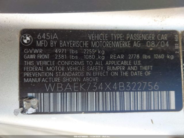 2004 BMW 645CI WBAEK734X4B322756 Photo 8