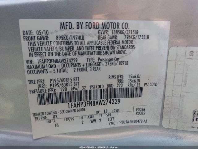 2010 FORD FOCUS 1FAHP3FN8AW274229 Photo 8