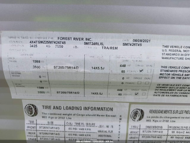 4X4TSMZ25M7426745 Forest River Other