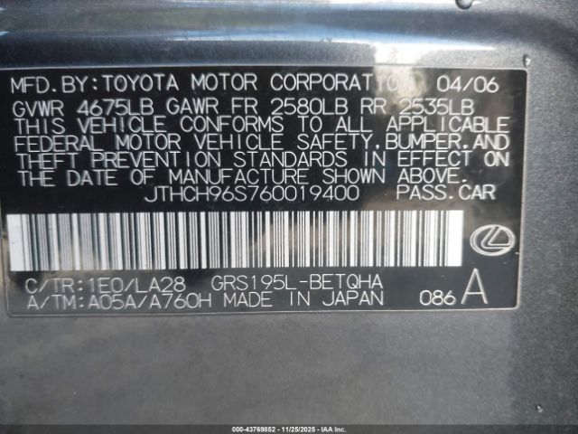 2006 LEXUS GS 300 JTHCH96S760019400 Photo 8