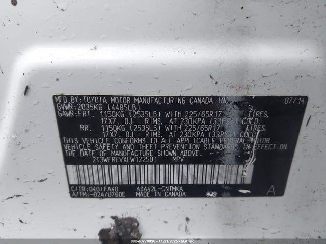 2014 Toyota Rav4 Xle მანქანა იყიდება აუქციონზე, vin: 2T3WFREVXEW122501, აუქციონის ნომერი: 43770026