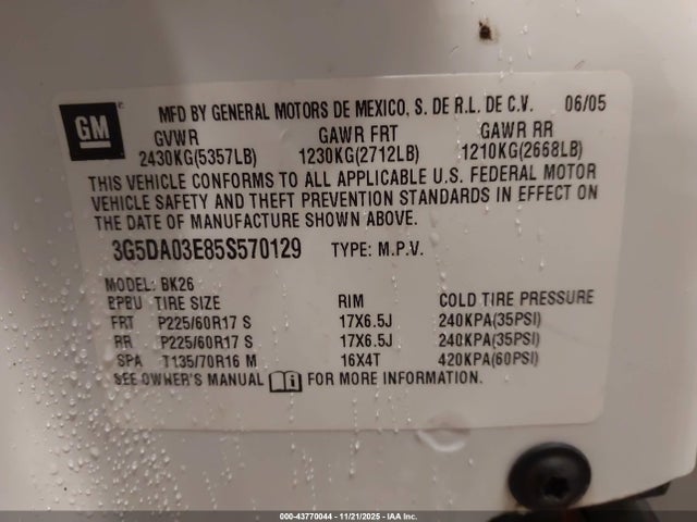 43770044 :رقم المزاد ، 3G5DA03E85S570129 vin ، 2005 Buick Rendezvous Cx مزاد بيع