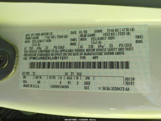 2020 FORD ESCAPE 1FMCU9BZXLUB11231 Photo 8