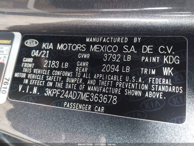3KPF24AD7ME363678 KIA Forte Lxs