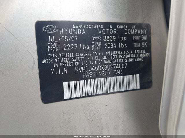 2008 HYUNDAI ELANTRA KMHDU46DX8U274667 Photo 8