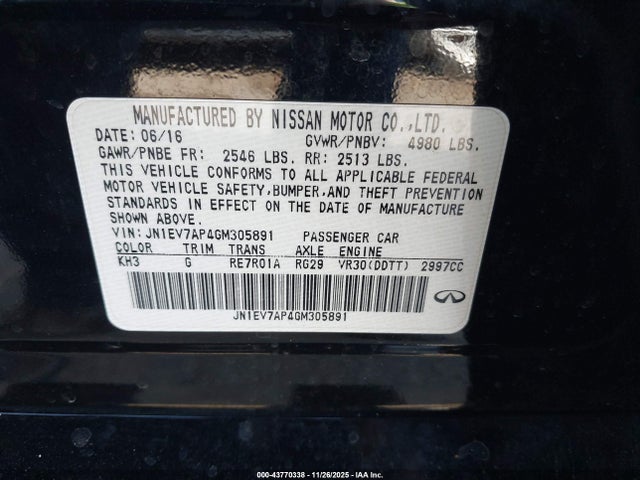 43770338 :رقم المزاد ، JN1EV7AP4GM305891 vin ، 2016 Infiniti Q50 3.0t Premium مزاد بيع