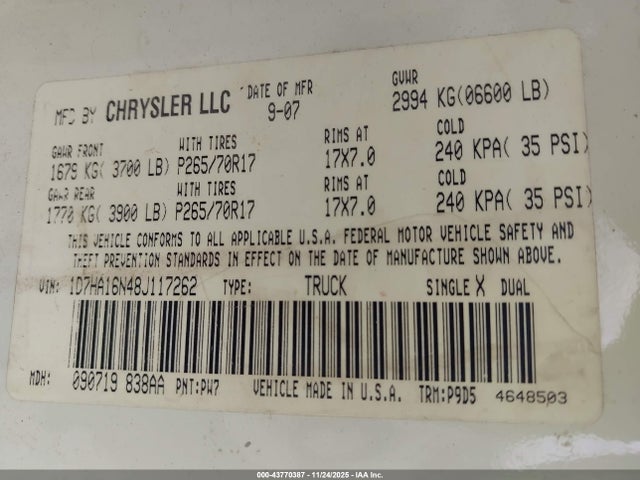 Продажа на аукционе авто 2008 Dodge Ram 1500 St/sxt, vin: 1D7HA16N48J117262, номер лота: 43770387