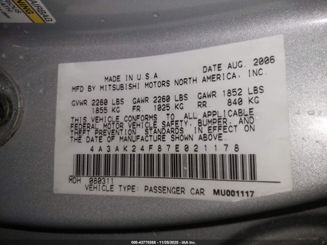 2007 MITSUBISHI ECLIPSE 4A3AK24F87E021178 Photo 8