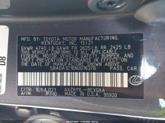 2022 LEXUS ES 300H 58ADA1C16NU016376 Photo 8