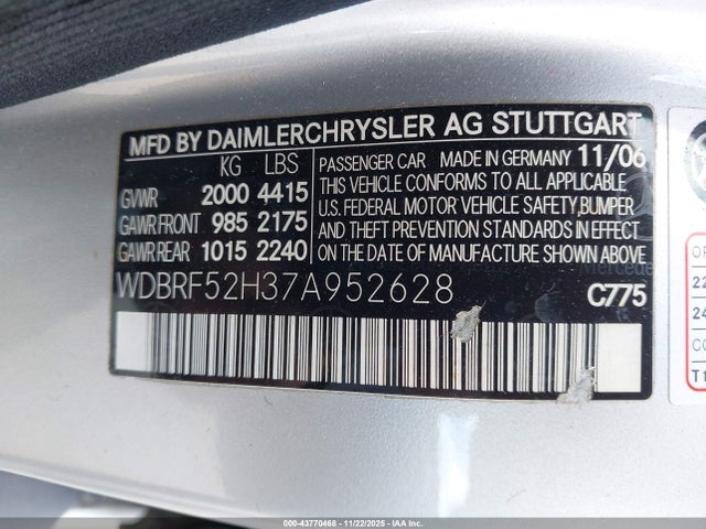 Aukcja sprzedaży 2007 Mercedes-benz C 230 Sport, vin: WDBRF52H37A952628, numer aukcji: 43770468