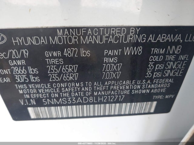 5NMS33AD8LH212717 Hyundai Santa Fe Sel
