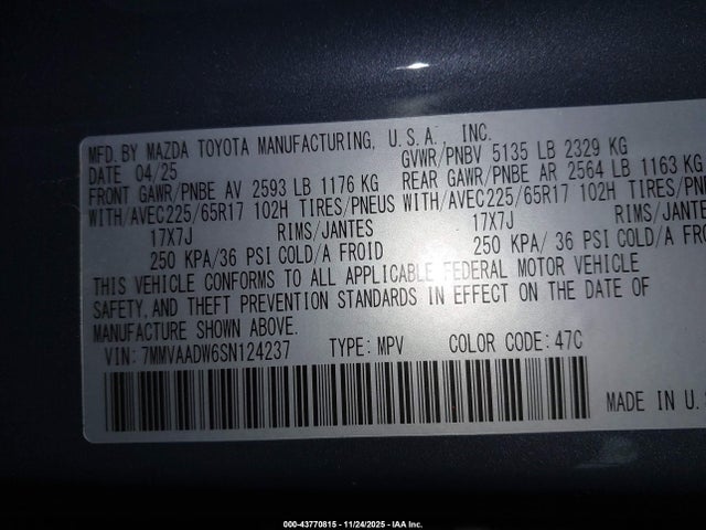 43770815 :رقم المزاد ، 7MMVAADW6SN124237 vin ، 2025 Mazda Cx-50 Hybrid Premium Package مزاد بيع