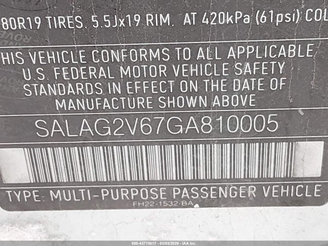 Aukcja sprzedaży 2016 Land Rover Lr4, vin: SALAG2V67GA810005, numer aukcji: 43770817