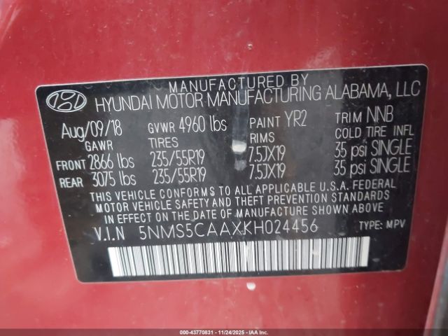 2019 HYUNDAI SANTA FE 5NMS5CAAXKH024456 Photo 8