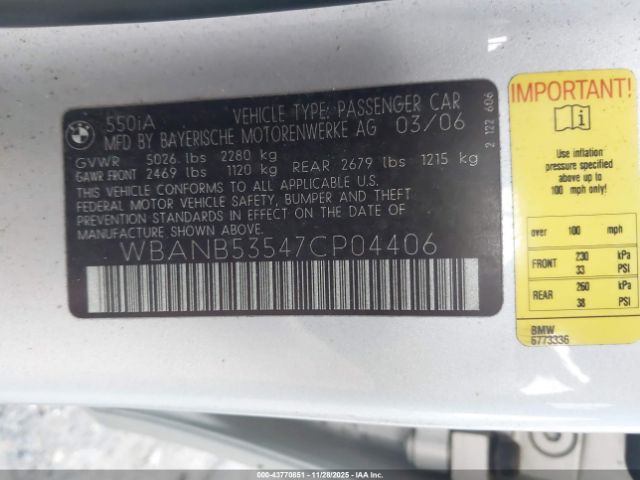 2007 BMW 550I WBANB53547CP04406 Photo 8