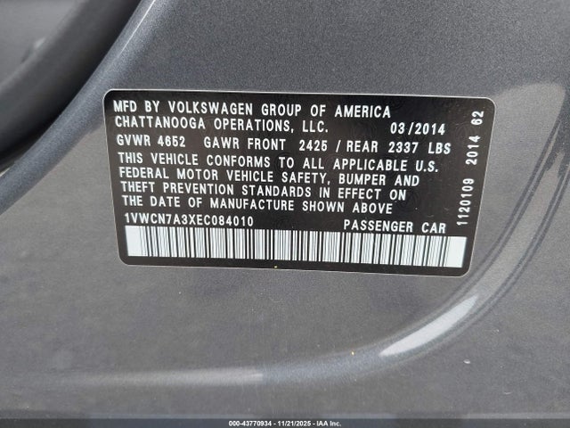2014 VOLKSWAGEN PASSAT 1VWCN7A3XEC084010 Photo 8