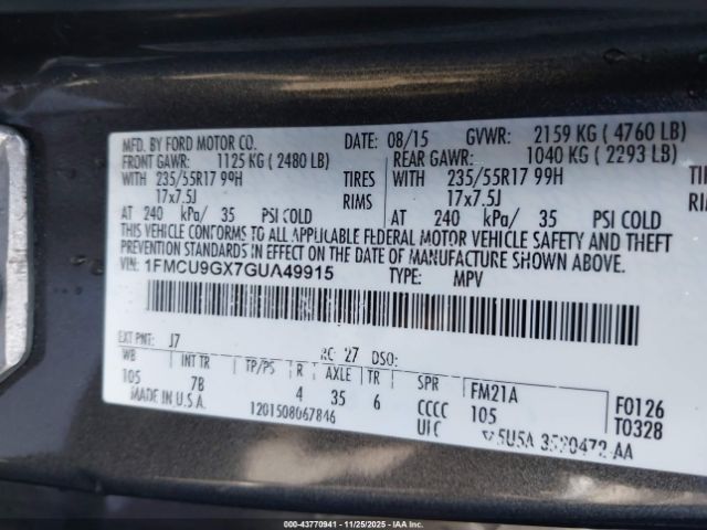 2016 FORD ESCAPE 1FMCU9GX7GUA49915 Photo 8