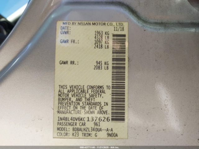 2019 NISSAN ALTIMA 1N4BL4DV6KC137626 Photo 8