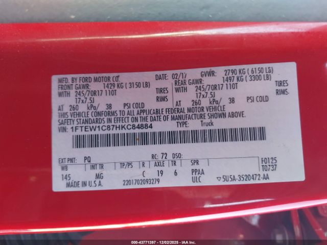 2017 FORD F-150 1FTEW1C87HKC84884 Photo 8