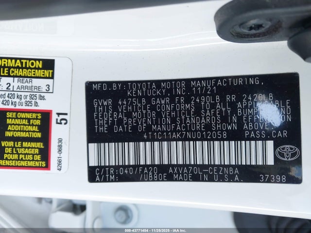 4T1C11AK7NU012058 Toyota CAMRY LE