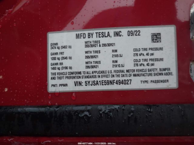 2022 TESLA MODEL S 5YJSA1E59NF494027 Photo 8