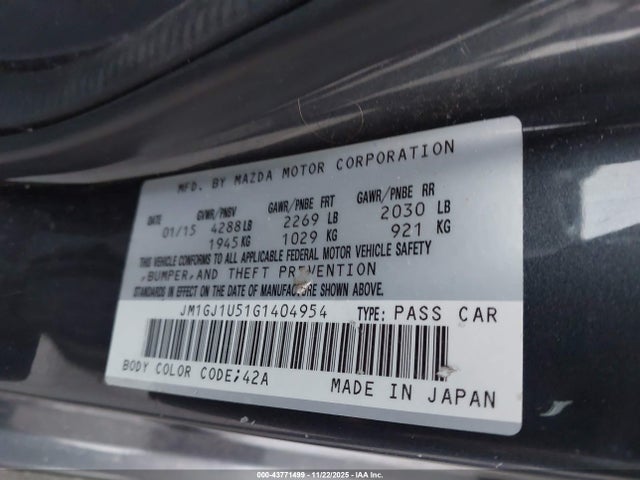 Aukcja sprzedaży 2016 Mazda Mazda6 I Sport, vin: JM1GJ1U51G1404954, numer aukcji: 43771499