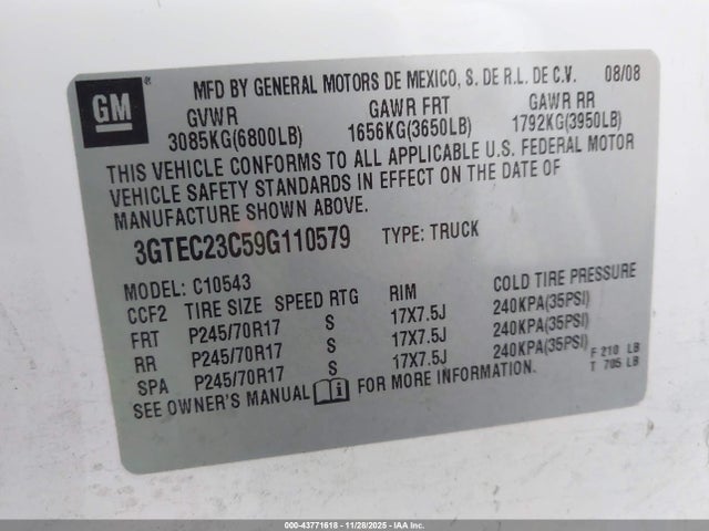 2009 Gmc Sierra 1500 Sle მანქანა იყიდება აუქციონზე, vin: 3GTEC23C59G110579, აუქციონის ნომერი: 43771618