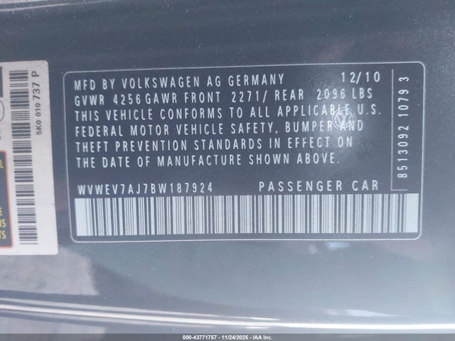 2011 Volkswagen Gti 2-door მანქანა იყიდება აუქციონზე, vin: WVWEV7AJ7BW187924, აუქციონის ნომერი: 43771757