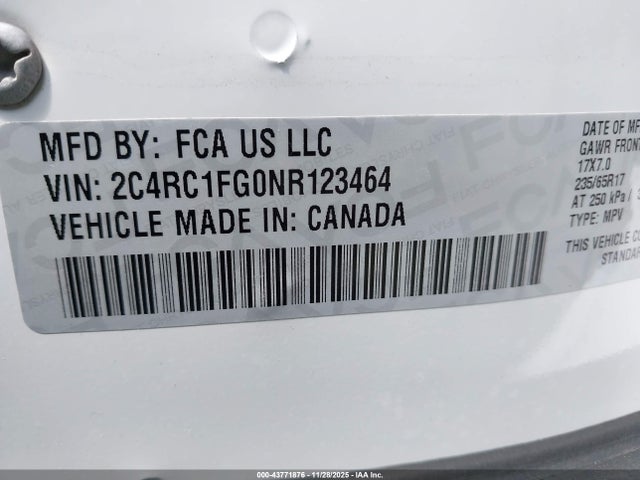 Продаж на аукціоні авто 2022 Chrysler Pacifica Touring, vin: 2C4RC1FG0NR123464, номер лоту: 43771876