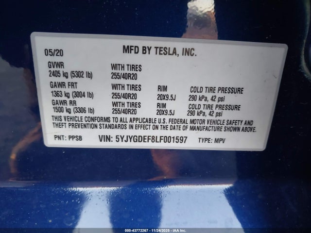 2020 TESLA MODEL Y 5YJYGDEF8LF001597 Photo 8
