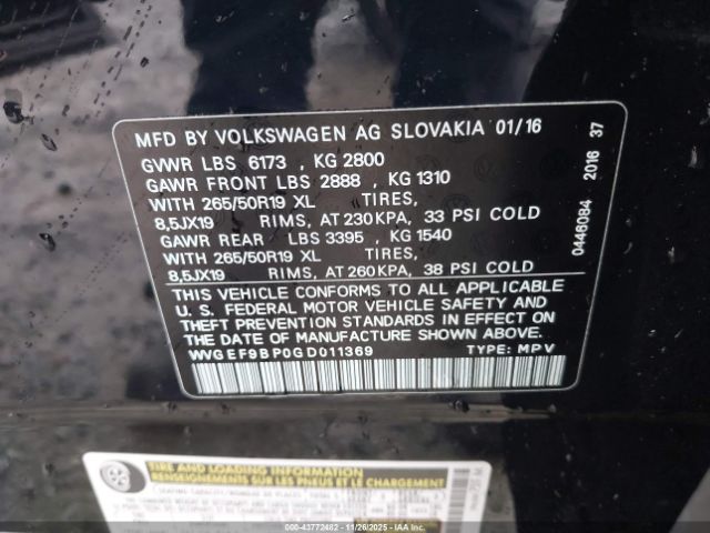 2016 VOLKSWAGEN TOUAREG WVGEF9BP0GD011369 Photo 8