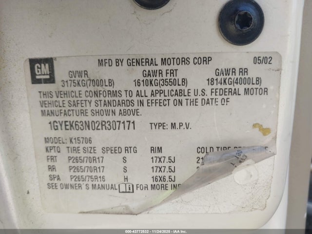 2002 CADILLAC ESCALADE 1GYEK63N02R307171 Photo 8