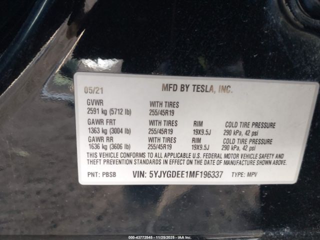 2021 TESLA MODEL Y 5YJYGDEE1MF196337 Photo 8