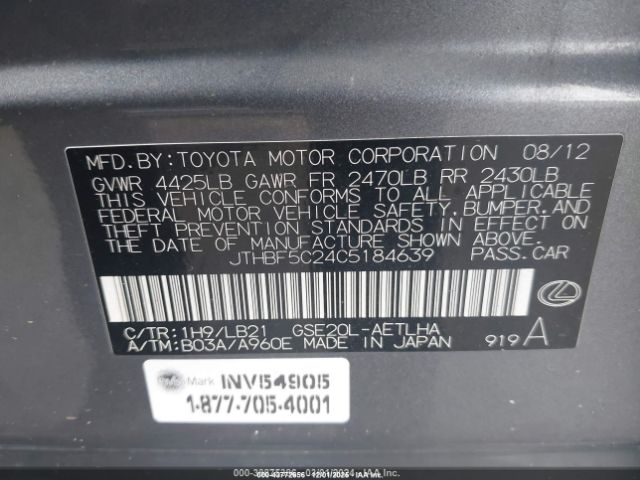 2012 LEXUS IS 250 JTHBF5C24C5184639 Photo 8