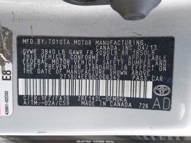 2013 TOYOTA COROLLA 2T1BU4EE9DC066342 Photo 8