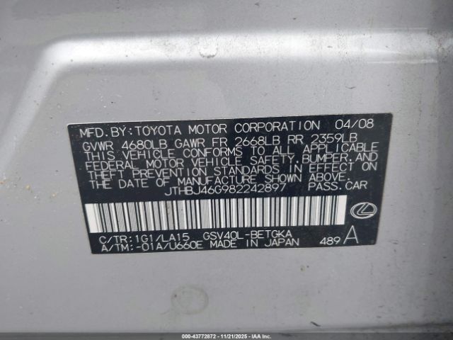 2008 LEXUS ES 350 JTHBJ46G982242897 Photo 8