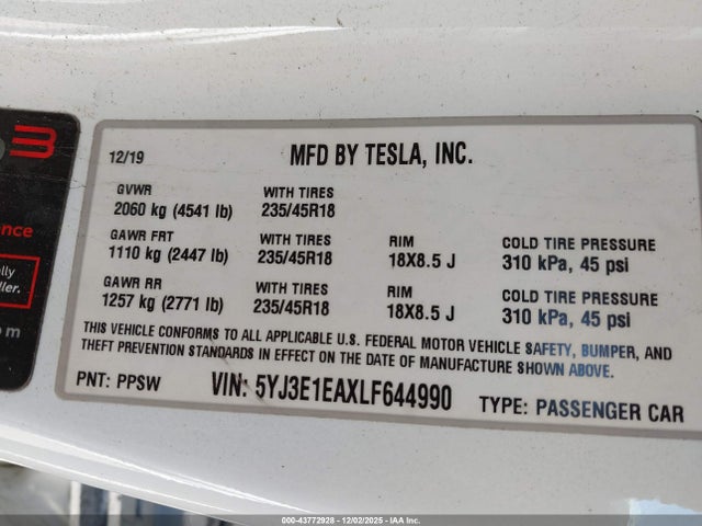 2020 TESLA MODEL 3 5YJ3E1EAXLF644990 Photo 8