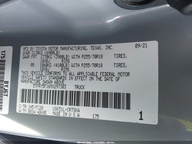 Toyota Tundra Sr5 2021 5TFRY5F16MX297303 Image 9