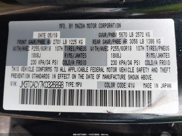 43773451 :رقم المزاد ، JM3TCACY7K0326898 vin ، 2019 Mazda Cx-9 Touring مزاد بيع